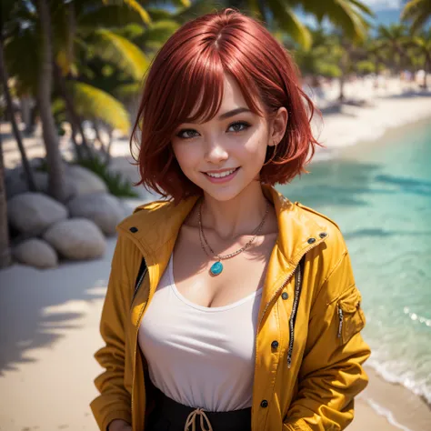 (Best quality, 8k, 32k, Masterpiece, UHD:1.2),Photo of Pretty woman, very short bob hair,upper body,face focus,oversized_shirt, necklace,  background, from above, looking at viewer, dyed red hair, tropical beach, smile, jacket, tunic, sfw