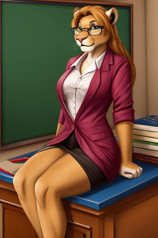 furry female lioness librarian sitting on desk taking off her clothes, seductive