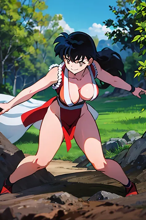 Kagome Higurashi, mai shiranui from the king of fighters, 1girl, solo, long black hair, golden eyes, 25yo, Japanese mature female, kunoichi dress, cleavage, matured face, teeth, grin, arrogant smile,athletic body, big breast, big hips, fighting stance, def...