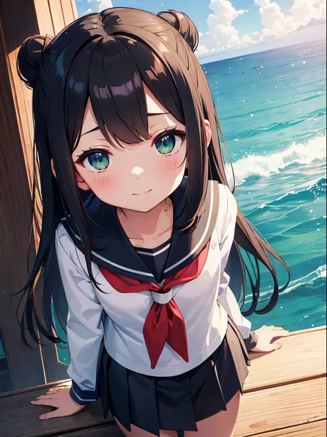 animesque、along the coast、sea breeze、wearing a pleated skirt, long hair in two buns, bangs up、exposed forehead.、a dark-haired、gr...