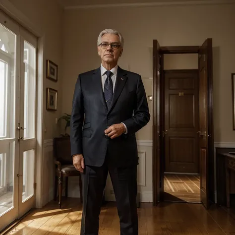 In a dimly lit room, with classic wooden flooring and adorned white walls, stands a 67-year-old Slavic president. His neatly trimmed, white hair compliments his distinguished appearance, while his round reading glasses add a touch of intellectual flair, bl...