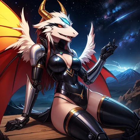 solo, female, furry, anthro, sergal, android, metallic, robotic, shiny, demonic features, fantasy scifi mix, sexy thong leather outfit, wings spread, small horns, succubus,  volcano, at night, stars, galaxies, science fiction, fantasy, high quality, master...