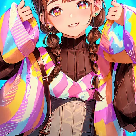 ((Brown hair)),((Braided shorthair)),((Brown eyes)),((Pigtails)),((With bangs)),((double sleeve long sleeve clothes),((Winter clothes)),(Striped dress),((check dress)),((corsets)),Slight red tide,(Cute pose with a smile),((Pop, Colorful and cute world view...