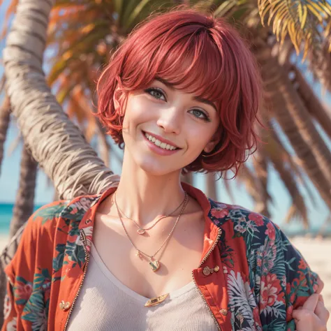 (Best quality, 8k, 32k, Masterpiece, UHD:1.2),Photo of Pretty woman, very short bob hair,upper body,face focus,oversized_shirt, necklace,  background, from above, looking at viewer, dyed red hair, tropical beach, smile, jacket, tunic, sfw