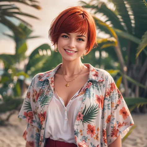 (Best quality, 8k, 32k, Masterpiece, UHD:1.2),Photo of Pretty woman, very short bob hair,upper body,face focus,oversized_shirt, necklace,  background, from above, looking at viewer, dyed red hair, tropical beach, smile, jacket, tunic, sfw