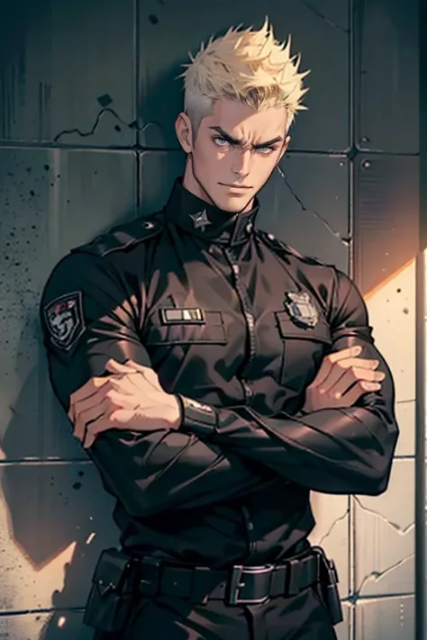 1 young man ,Tall and buff and strong,special operating, perfect male body,look at the camera , ((very short spiky hair)), (black tactical uniform, Hold your arms, evil angry smile, prison cell, no facial hair)portrait,dramatic shadow,Ray tracing, Best qua...