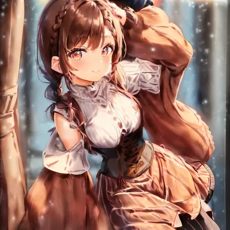 ((Brown hair)),((Braided shorthair)),((Brown eyes)),((Pigtails)),((With bangs)),((double sleeve long sleeve clothes),((Winter clothes)),(Striped dress),((check dress)),((corsets)),Slight red tide,(Cute pose with a smile),((Pop, Colorful and cute world view...