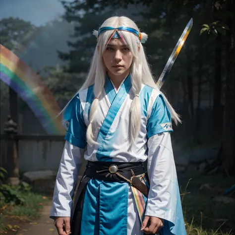 6’2 inches tall, long white hair, rainbow watercolor eyes, demon slayer uniform with light blue haori, katana with rainbow headguard.