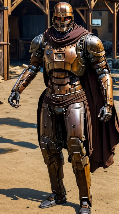 warforged male, wearing a worn out brown cloak,