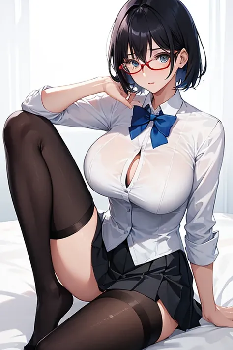 1 girl, (slim body:1.3), (huge breasts:1.1), black hair, very short hair, white shirt, dark blue pleated skirt, (black tights:1.1), blue bowtie, red rimmed glasses, neat and clean,