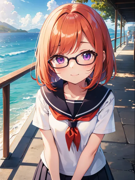 animesque、Along the coast、sea breeze、Wearing a pleated skirt, Reddish-purple eyes、 Short hairstyle、Straight short、Orange hair、Kawaii Girl、Wearing glasses、cinmatic lighting，细致背景，Beautifully detailed right pupil，（Very fine and beautiful），（Beautiful and detai...