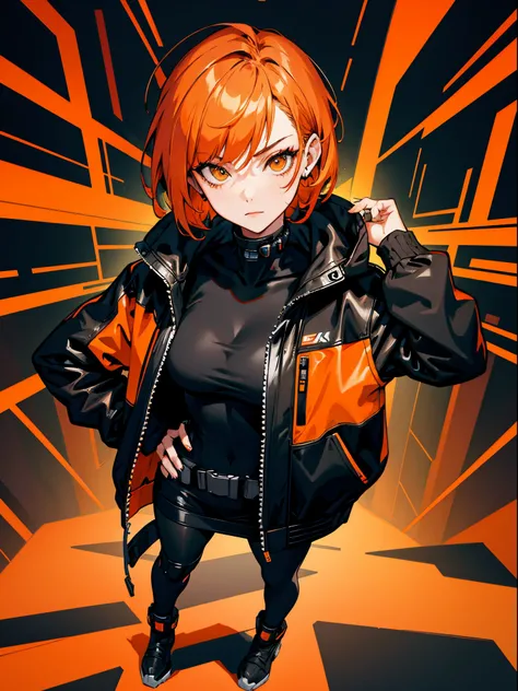 cyberpunk, portrait, full body, dark background, facing, woman, short hair, orange hair, wear black jacket, pixel art