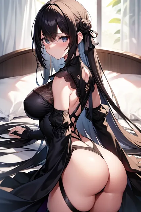 Msfw hentai, naked girl, 2 von Nier Automata von hinten, She bent down on a bed and grabbed her buttocks with her hands, schwarzes Tuch, das beide Augen bedeckt, 1girls, Mensch, unbedeckte, fully exposed big breasts, Nabel, viel Haut zu sehen, no bottom pi...