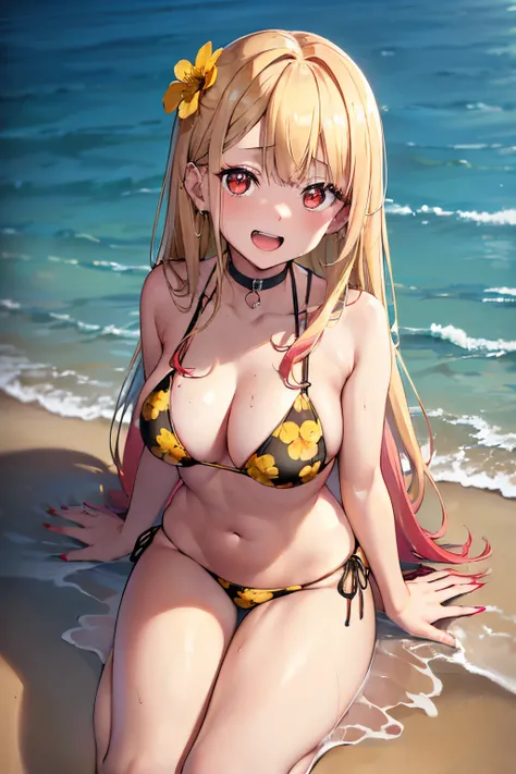 1girl, alone inMarin Kitagawa, blonde hair, choker, Ear piercing, Earrings, Long hair, blonde hair with pink tips, piercing, embarrassed, seductive, smiling, open mouth,(red eyes:1.5), straight hair, swept banglush: 1.3), (bikini:1.2), black bikini, (Yello...