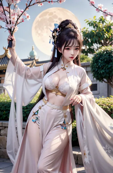 a princess 8 yeald old cute Hanfu dynasty open V-chested clothes royal, All pictures, Wet body of thin silk fabric, Thin silk lace petticoat,princess 8 yeald old cute, (huge boobs,cleavage),petticoat, white pink, blue ,best qualtiy,tmasterpiece,超高分辨率,(Rea...