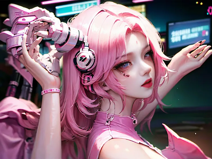 Anime girl, 19 years old, white skin, pink cat ears on her head, pink hair, short hair, large breasts, big butt, cyberpunk world background, wearing a white body suit, wearing a tight white skirt over the body suit, wearing a cyber punk sweater. Looking at...