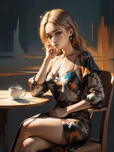 A half-body oil painting of a woman, sitting while drinking coffee, feita por um artista famoso {random select}. Foi reconhecido como vencedor do concurso. Foi apresentado na CG Society. "Altamente detalhado, 12K