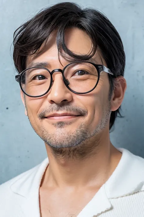 40 year old man wearing silver glasses,Background white,Buxom