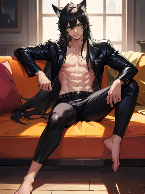 (absurdres, highres, ultra detailed), 1 male, handsome, tall muscular guy, broad shoulders, finely detailed eyes and detailed face, black very long hair, gray eyes, handsome, fantasy, gothic, wolf ears, wolf tail, Sunlight, Fantastic light and shadow, Scen...