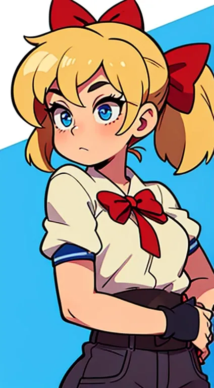 A Cute Mechanic Girl with Dirty Blonde Hair and Blue Eyes with a Red Bow in her Hair