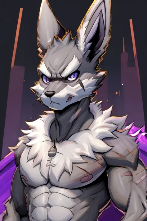 illustration style, anime, 1 boy anthro eevee, with an whiter humanoid face, purple and gray inner ears, black fur, light skinny body, big floofy white fur around the neck, tough looking, angry face, scar on left eye, purple inner ears, black marks on skin