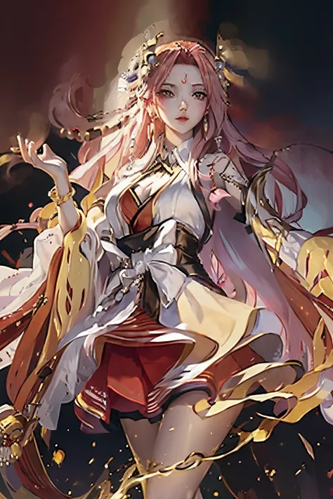 Anime girl with long blond hair and gold jewelry in front of black background, onmyoji detailed art, anime goddess, onmyoji portrait, onmyoji, white-haired god, the goddess artemis smirking, lunar goddess, Complex and gorgeous anime CGI style, beautiful fa...