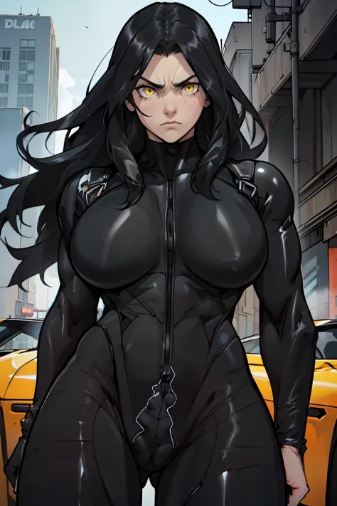 1girl frown (huge muscles huge breasts huge thighs black hair yellow eyes pale skin muscular muscular thick thick thick very long hair thick thick ((((black bodysuit)))) ((((black bodysuit))))