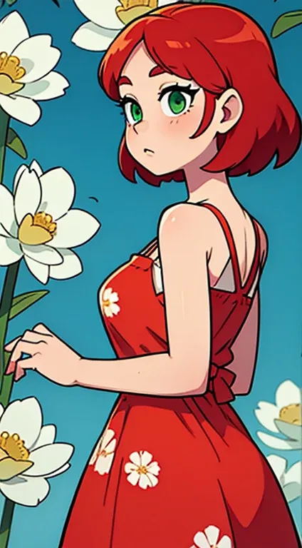 An Elegant Woman in a sundress with a floral pattern with Red Hair and Green Eyes