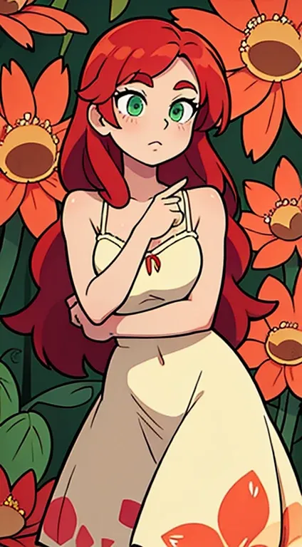 An Elegant Woman in a sundress with a floral pattern with Red Hair and Green Eyes