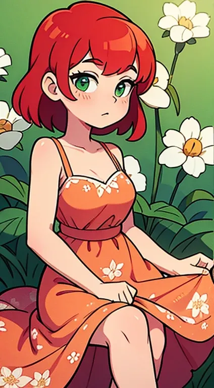 An Elegant Woman in a sundress with a floral pattern with Red Hair and Green Eyes