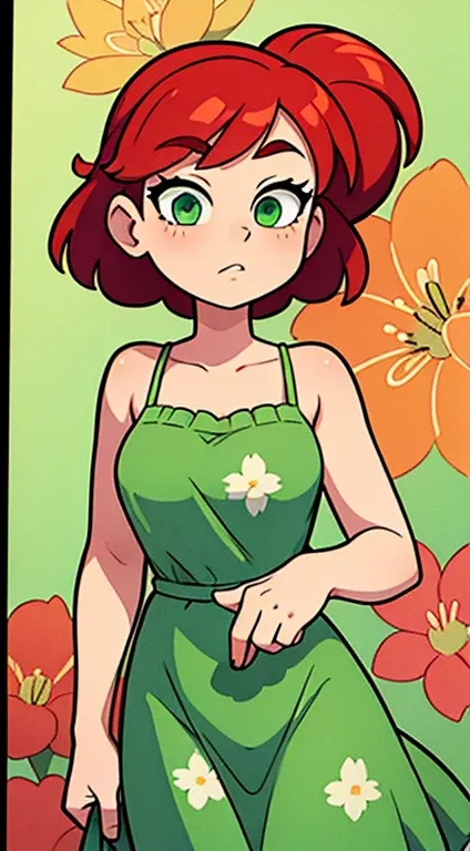 An Elegant Woman in a sundress with a floral pattern with Red Hair and Green Eyes