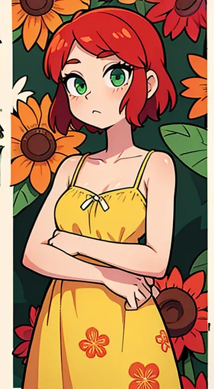 An Elegant Woman in a sundress with a floral pattern with Red Hair and Green Eyes