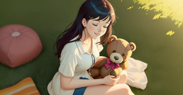 there a woman sitting with her eyes closed and smiling on the grass with a teddy bear beside her, Art not Guweiz style, Elogio Artstyle, menina lofi, Arte Lofi, em estilo de atey ghailan, Artgerm e Atey Ghailan, Paisagem de Ilya Kuvshinov, inspirado em Ate...