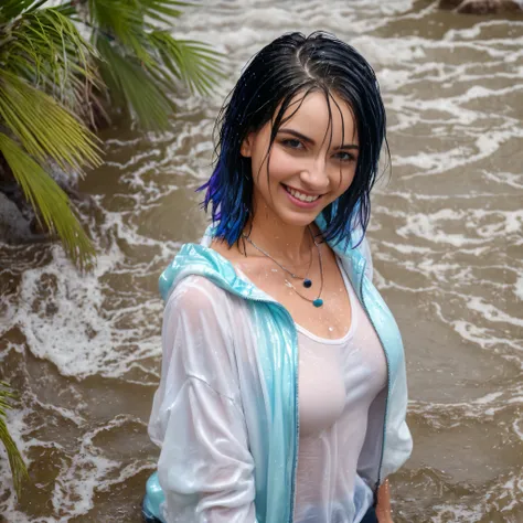 (Best quality, 8k, 32k, Masterpiece, UHD:1.2),Photo of Pretty woman, very short bob hair,upper body,oversized_shirt, necklace,  background, from above, looking at viewer, dyed rainbow hair, tropical beach, smile, jacket, tunic, standing in water, wet cloth...