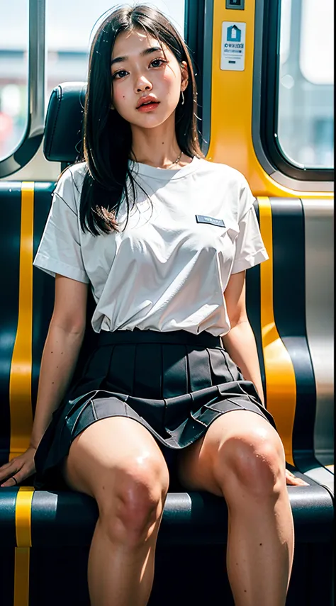 "(Masterpiece, High Definition, Ultra High Definition, 4K) Black hair, 14 years old Japan girl, uniform skirt, emphasizing thighs, white thighs, soft thighs, glossy thighs, sitting on the train, face-to-face angle, (angle from below),sitting in the train s...