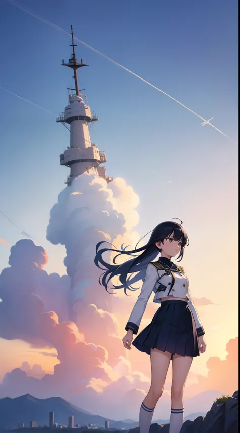 tmasterpiece，(1 female high school student，Navy uniform，Superskirt)，twilight，pixiv，concept-art，amazing scenery。Loepfe Art Style，Reflective Xin Haicheng, lofi art, beautiful anime scenes, Anime landscapes, Detailed scenery – width 672, Estilo de Makoto Shin...