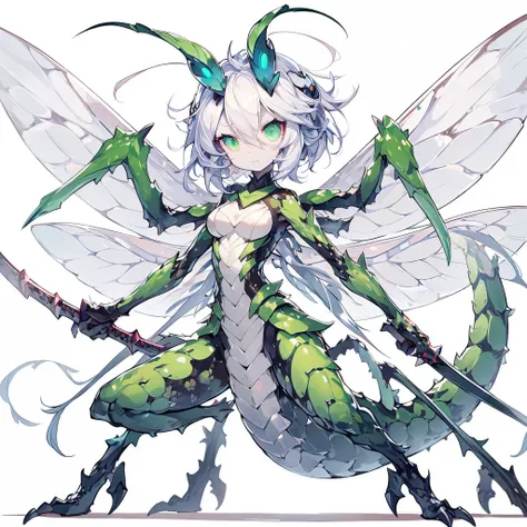 female dragon. mantis element. mesukemo.like a ninja. both hands become weapons. compound eyes. anime style.