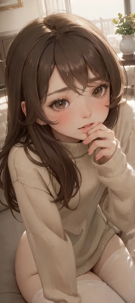 1lady, /(oversized sweater/) v-neck, mature female, /(brown hair/) bangs, blush, (masterpiece best quality:1.2) delicate illustration ultra-detailed, pantyhose BREAK /(modern house living room/) indoors, (((petite))), (((frontlight))), (((nsfw))), (((lying...