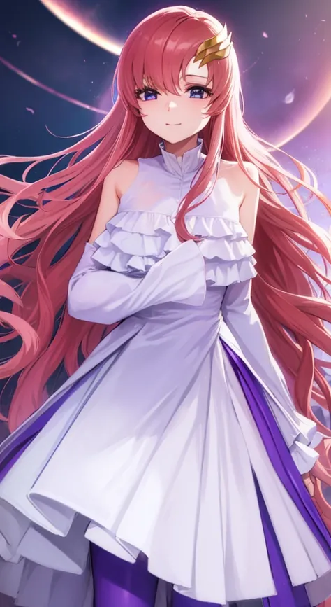 lacusclyne, lacusclyne, (Purple eyes:1.1), Hair Ornament, Long hair, wave hair ornament, Pink hair, Smile,
Break Dresses, long-one-piece dress, White Dress, Long sleeves, White sleeves, Ruffled ruffled skirt, frilly sleeves, Detached sleeves, Bare shoulder...