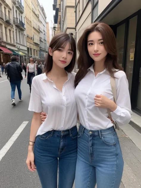 ((top-quality、8K、​masterpiece：1.3))、Crisp focus：1.2、Beautiful Women in Perfect Style：1.4、Slender Abs：1.2、((dark brown hair、Colossal tits：1.2))、(White button-up long shirt:1.1)、Street:1.2、Highly detailed facial and skin texture、A detailed eye、二重まぶた、full bod...