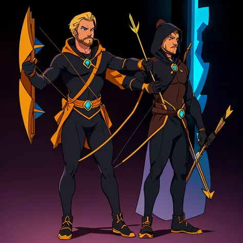 (A full body image of a super hero archer, onyx colored costume, blonde facial hair, hood), ((wears a glove with an ONYX GEM on it)), (located in Hollywood), (((uses a bow and arrow, has a quiver strapped to his back)