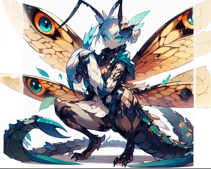 female dragon. mantis element. mesukemo.like a ninja. both hands become weapons. compound eyes. anime style.