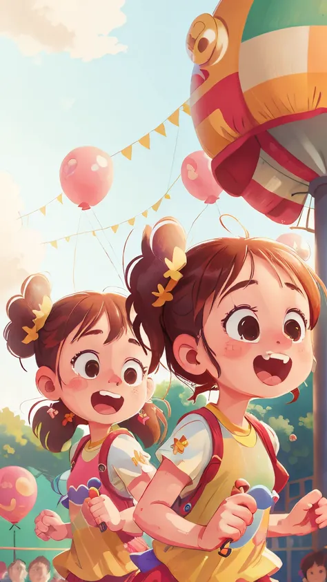 Two running girl, amusement park, holding balloons, happy, perfect quality, clear focus (clutter - home: 0.8), (masterpiece: 1.2) (Realistic: 1.2) (Bokeh) (Best quality) (Detailed skin: 1.3) (Intricate details) (8K) (Detail Eyes) (Sharp Focus), (Happy)