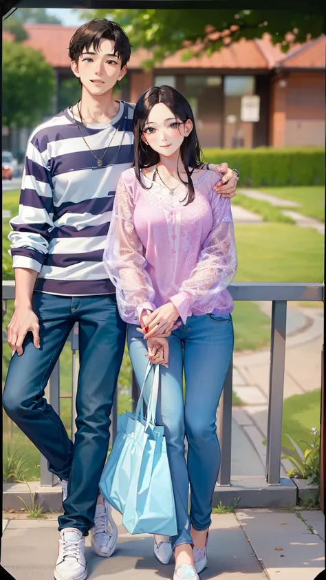 masterpiece, best quality, 2others, couple, 1man with 1woman, mature, , Height difference, different fashion, different color, finely detailed eyes and detailed face, intricate details, casual clothes, oversized shirt, modern  street, holding hands, smile,...