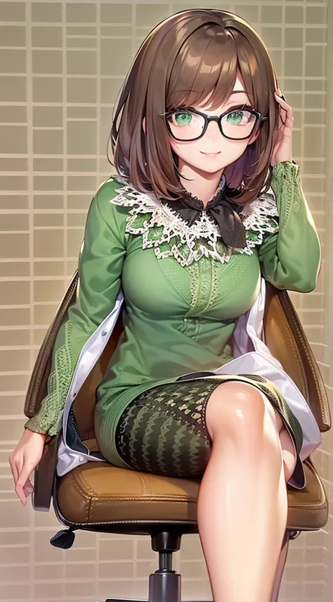 soro brown bob hair woman, green eyes:1.3, glasses, cute smile, sit down on office chair, arched back, upper body, masterpiece, beautiful detailed grow.