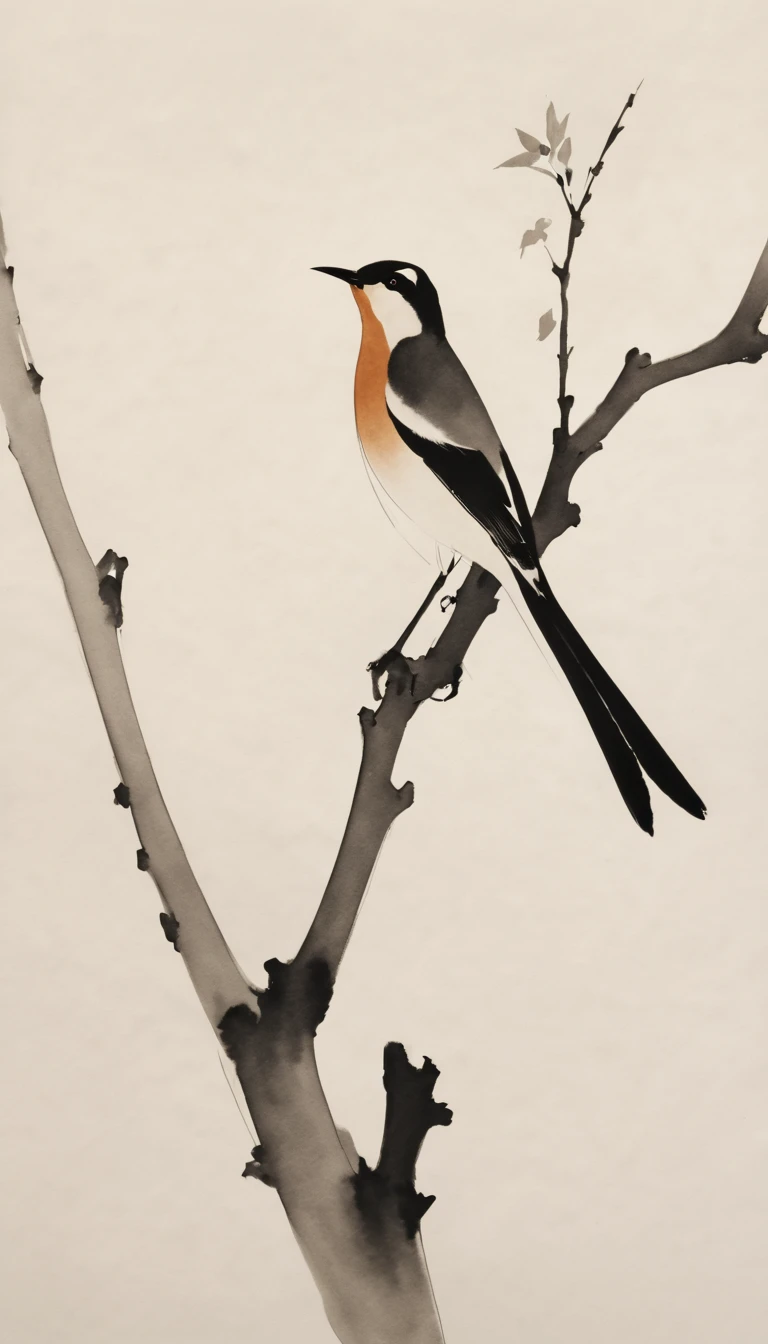 Minimalist Chinese ink painting of a bird on a branch