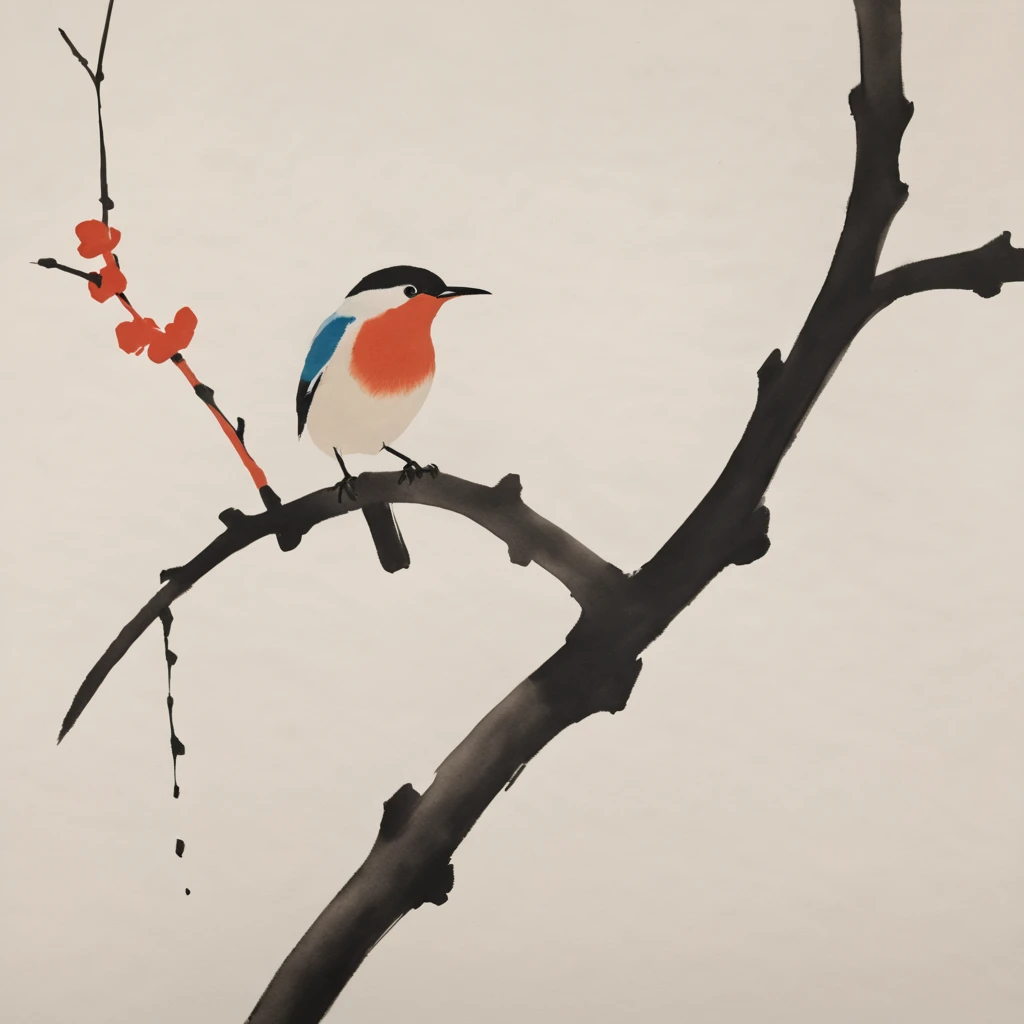 Minimalist Chinese ink painting of a bird on a branch