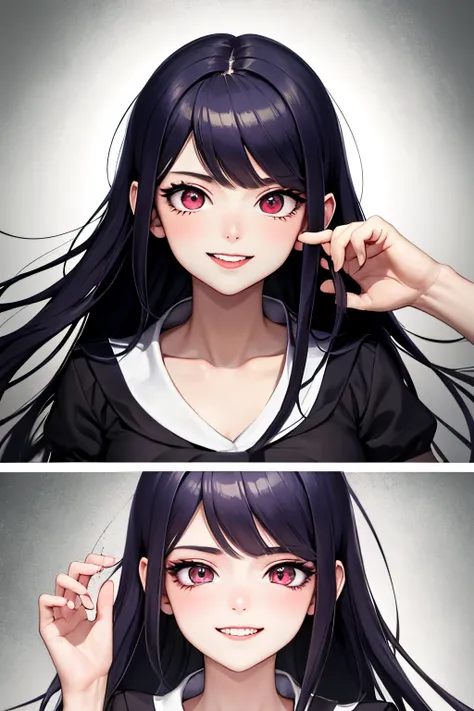 anime, a girl with red eyes and a smile on her face, Yandere intrincado, [[[[sonriendo malvado]]]], Yandere, Gapmoe Yandere, Gapmoe Yandere Grimdark, Retrato Gapmoe Yandere Grimdark, Akane Owari Danganronpa, sonrisa malvada y ojos brillantes, con ojos rojo...