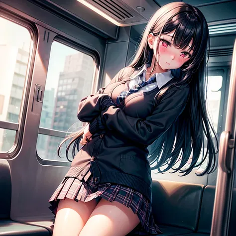 High school girl with long black hair、Dark blue plaid skirt、cardigan、White blouse and tie、On the train、Solo、no panties,pussy juice,(finger in the vagina),(pussy juice)、embarassed face、red blush、Teary-eyed、(Masturbate with your fingers)