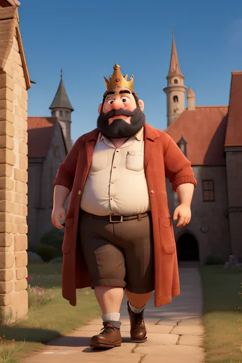 A kind fat adult king with a beard and mustache walking outside the castle wewearing his cape